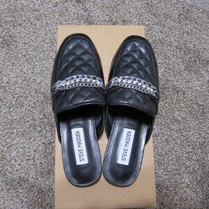 Steve Madden Kalista Quilted Black Leather Crystal Chain Mule Flats Size 6.5